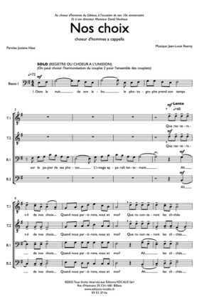 Nos choix (partition chœur d&rsquo;hommes TTBB a cappella) – Jean-Louis Raemy / Josiane Haas