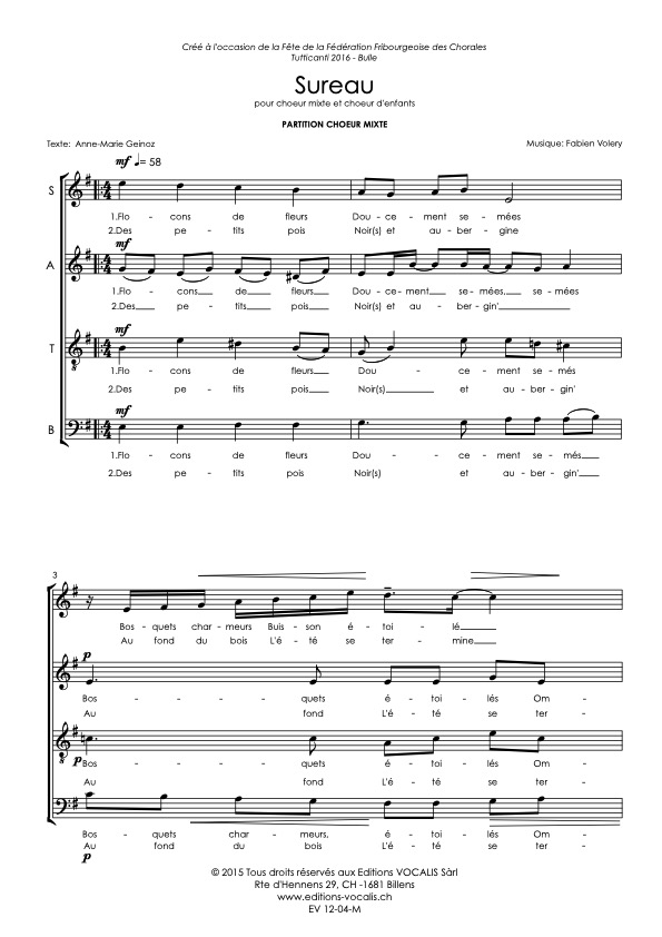 Sureau (partition chœur mixte) - Fabien Volery / Anne-Marie Geinoz
